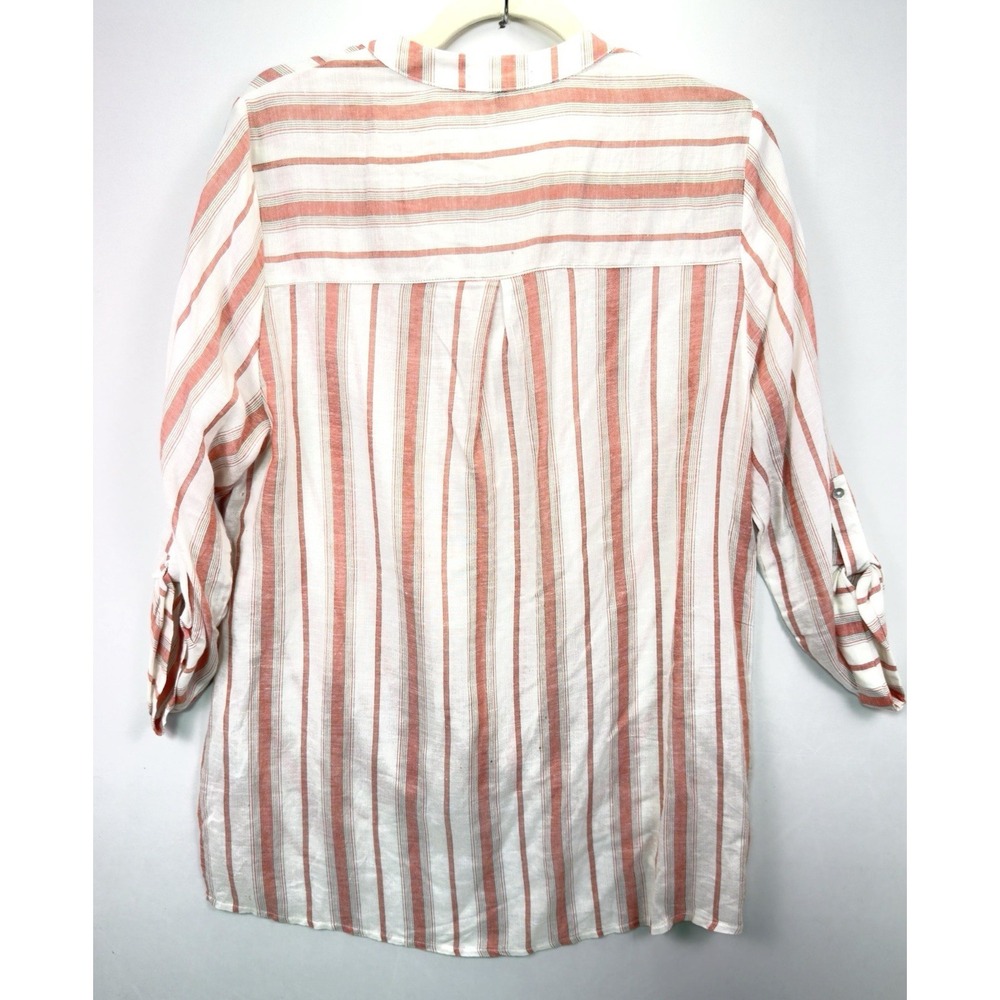 Staccato L Coral White Stripe Hi Lo Button Blouse Shirt Hem Roll Tab Slv Linen - Picture 9 of 10